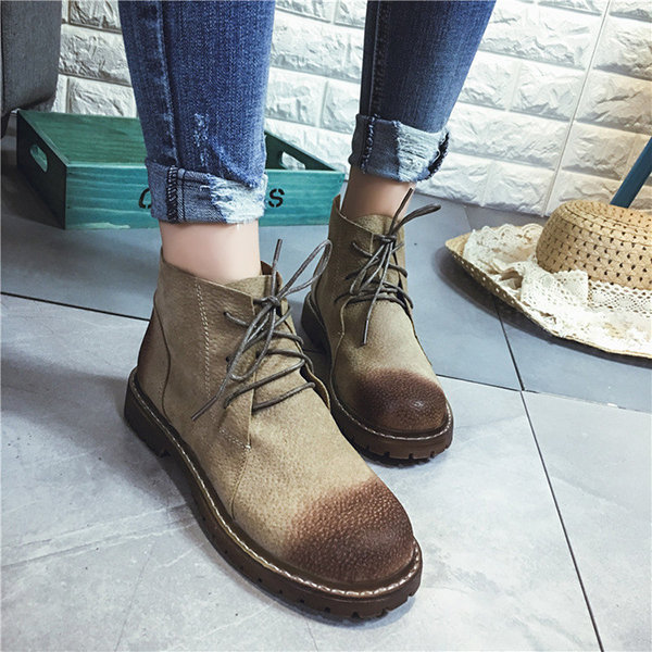 Designer Suede Lace Up Vintage Ankle Flat Boots - NewChic