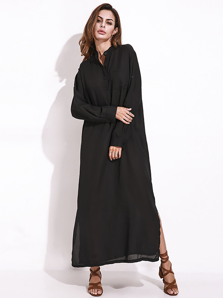Fitted Stand Collar Button Maxi Shirt Dresses For Women - NewChic