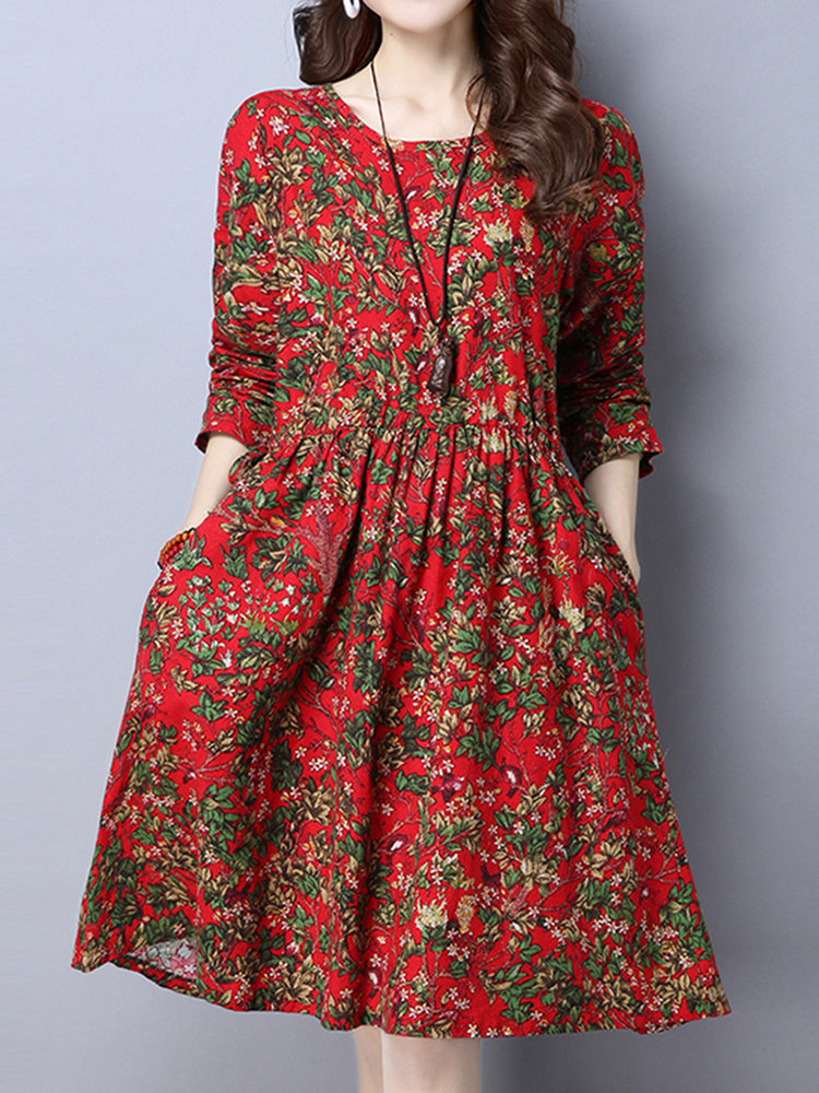Women Floral Printed High Waist Long Sleeve Vintage Dresses