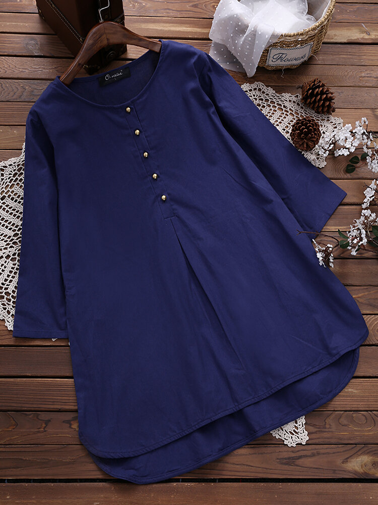 Loose Button 3/4 Sleeve O Neck Mid-Length Blouse - Newchic