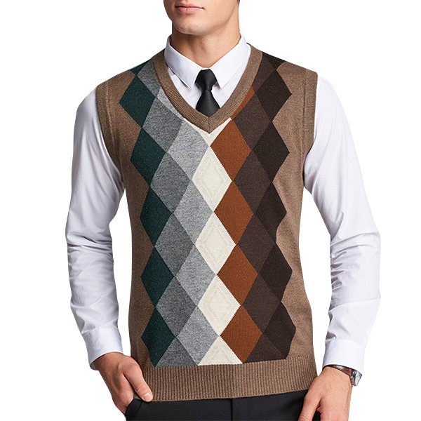 Mens Fleece Woolen Plaid Pullover V-Neck Vests Regular Fit Casual ...