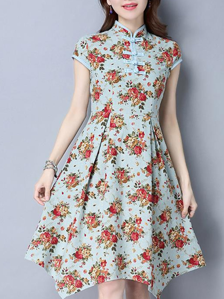 Vintage Women Stand Collar Plate Buckles Floral Printed Short Sleeve ...