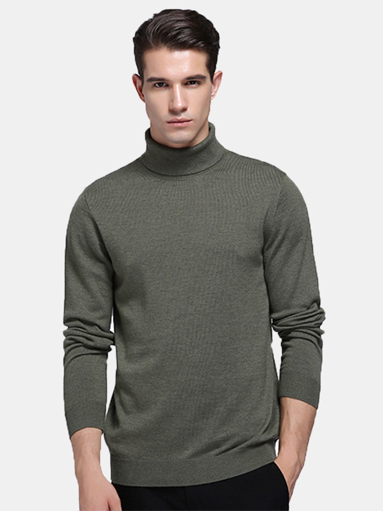 Mens Woolen Thermal Pullover High-neck Solid Color Long Sleeve Casual ...