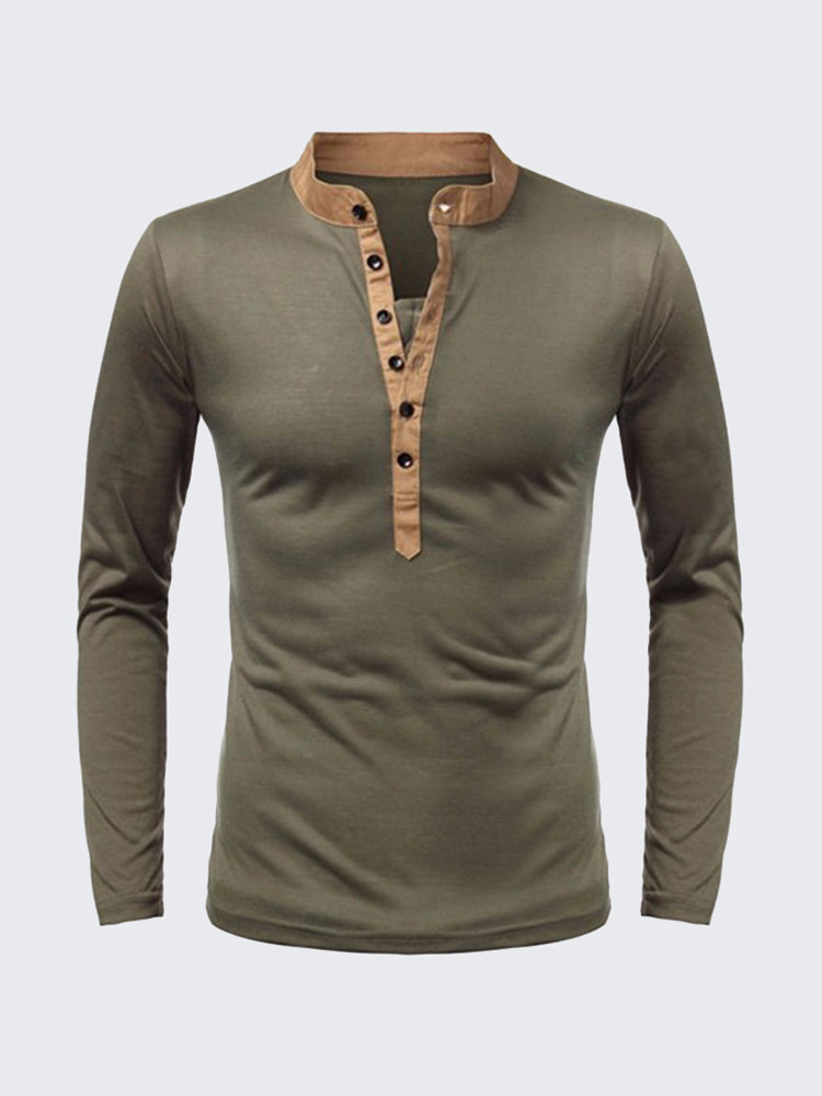 Men's Cotton Solid Pure Color Buttons V-neck Long-sleeved Casual T ...