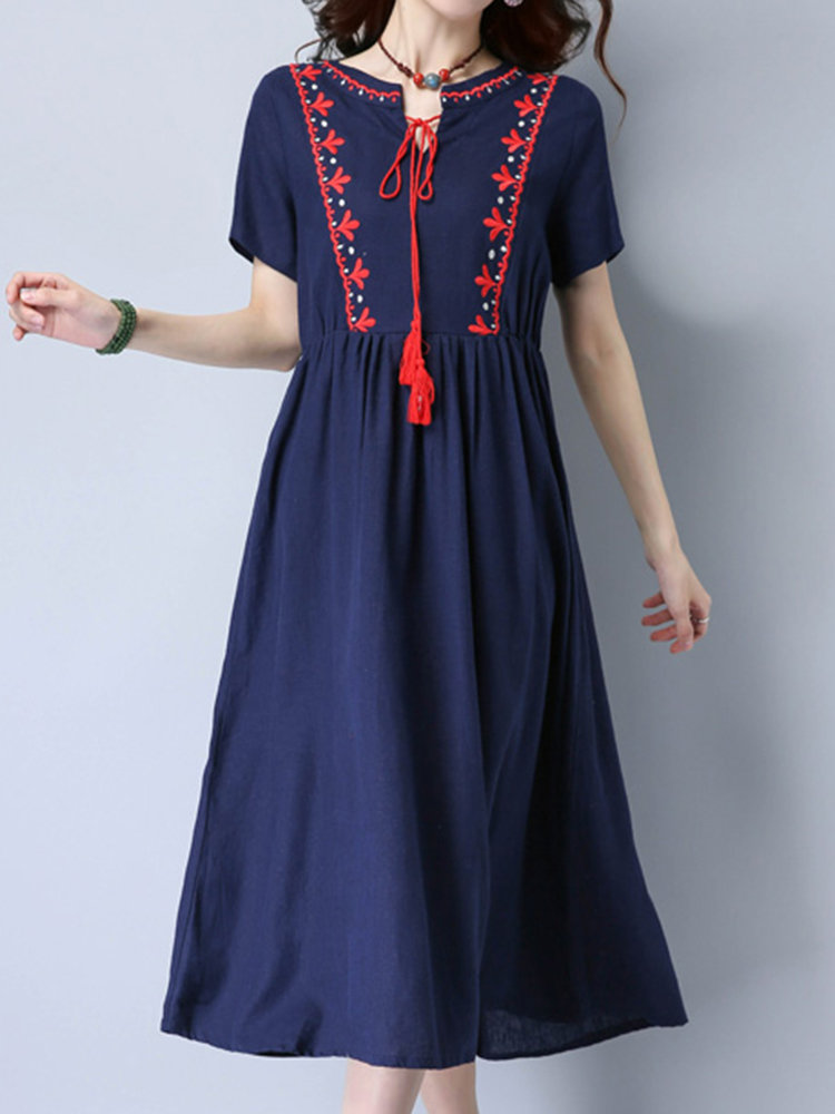 Folk Embroidery Short Sleeve Loose Hem Women Dresses