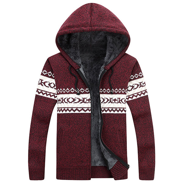 Mens Winter Warm Thick Velvet Hooded Sweater Coat Jacquard Knitted ...