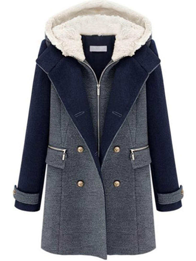 Trendy Slim Casual Double Breasted Patchwork Hood Woolen Coat Online ...