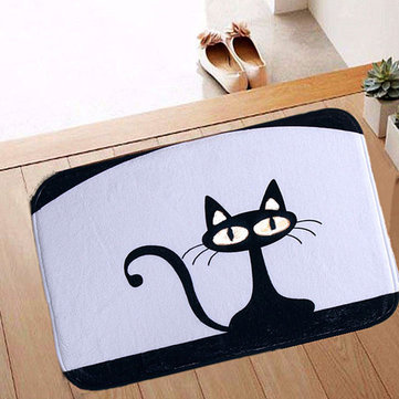 40x60cm Coral Fleece Black Cat Pattern Non-slip Floor Mat Bathroom Kitchen Bedroom Door Carpet