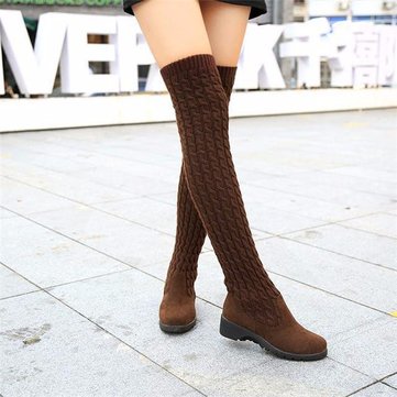 Knitting Wool Over The Knee Chic Slip On Muiti-Way Platform Boots