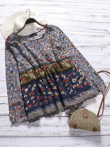 O-NEWE Vintage Floral Printed Patchwork Shirt For Women 