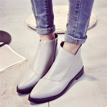Pure Color British Style Zipper Ankle Flat Casual Boots