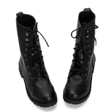Retro Pu Black Knight Lace Up Flat Ankle Boots