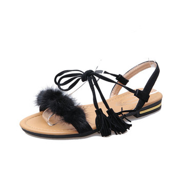 Furry Tassel Strappy Lace Up Peep Toe Sandals For Women