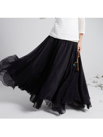 Stylish Women Chiffon Mix Color Pleated Elastic Waist Maxi Skirt - NewChic